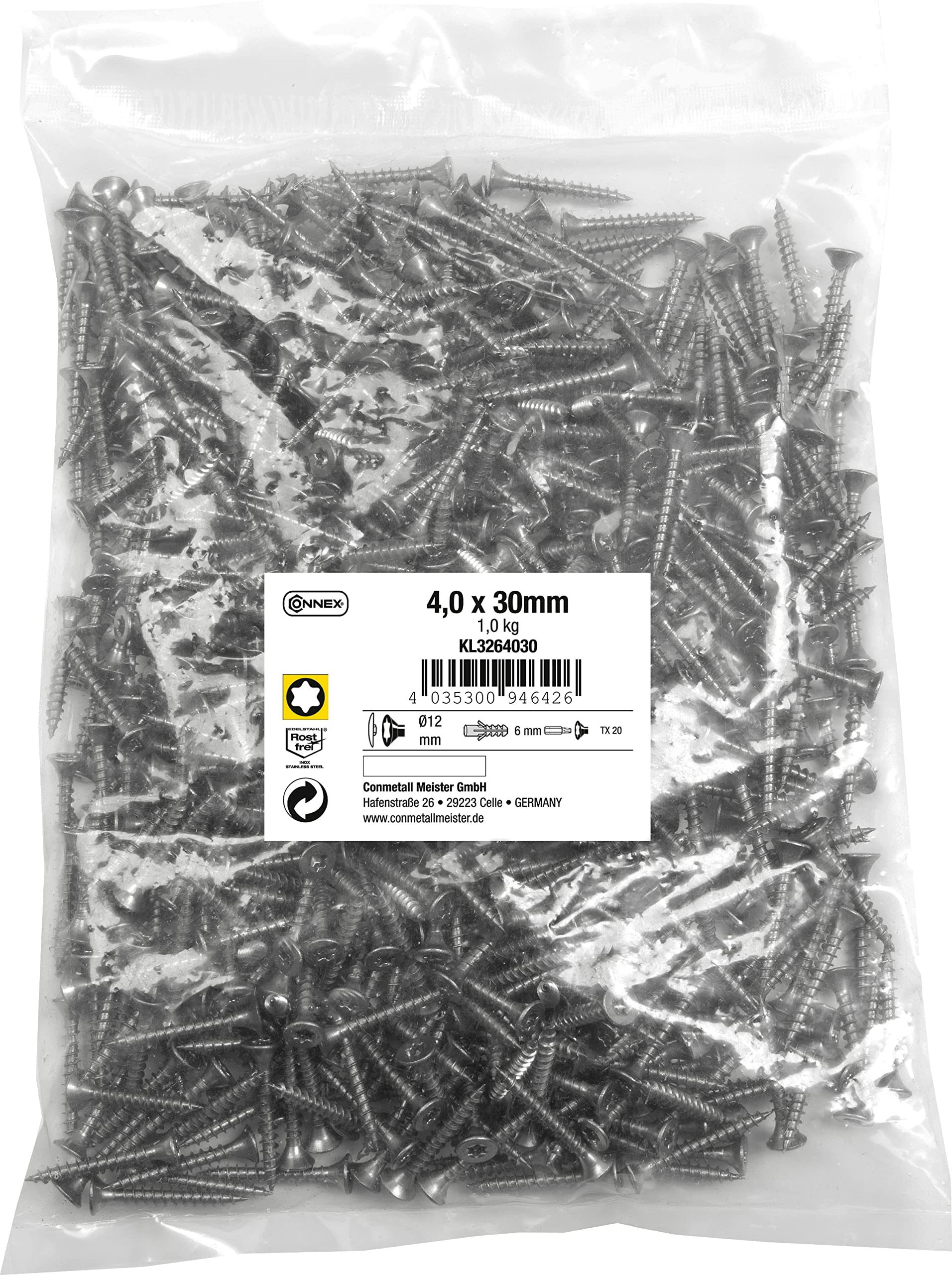 Connex KL3264030 Universal Screws 4.0 x 30 mm - 1 kg Bulk Pack - Countersunk Head - TX Drive - Full Thread - Stainless Steel/Screw Set/Screws in Bag
