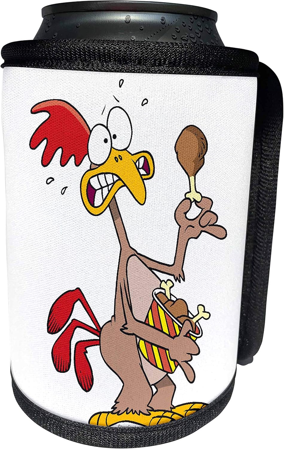 3dRose Dooni Designs Random Toons - Silly Chicken Holding Bucket of Chicken Drumsticks - Can Cooler Bottle Wrap (cc_104326_1)