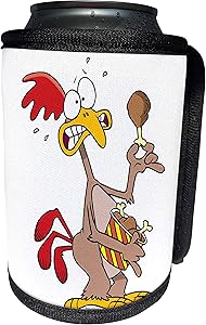 3dRose Dooni Designs Random Toons - Silly Chicken Holding Bucket of Chicken Drumsticks - Can Cooler Bottle Wrap (cc_104326_1)