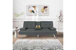 ERYE 66" Linen Upholstered Futon Loveseat Convertible Sleeper Couch Bed W/ 5 Metal Legs,Removable Pillows Armrest,Compact Foldable Napping Daybed 2 Seaters Love Seat Sofa with Drop-Down Cupholdes