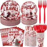 Ziliny 200 Pcs Halloween Bloody Zombie Party Tableware Decoration Serve 40 | Halloween Red Bloody Party Decorations, Paper Plates, Napkins, Cups, Plastic Forks, Halloween Themed Spooky Table Dinnerware