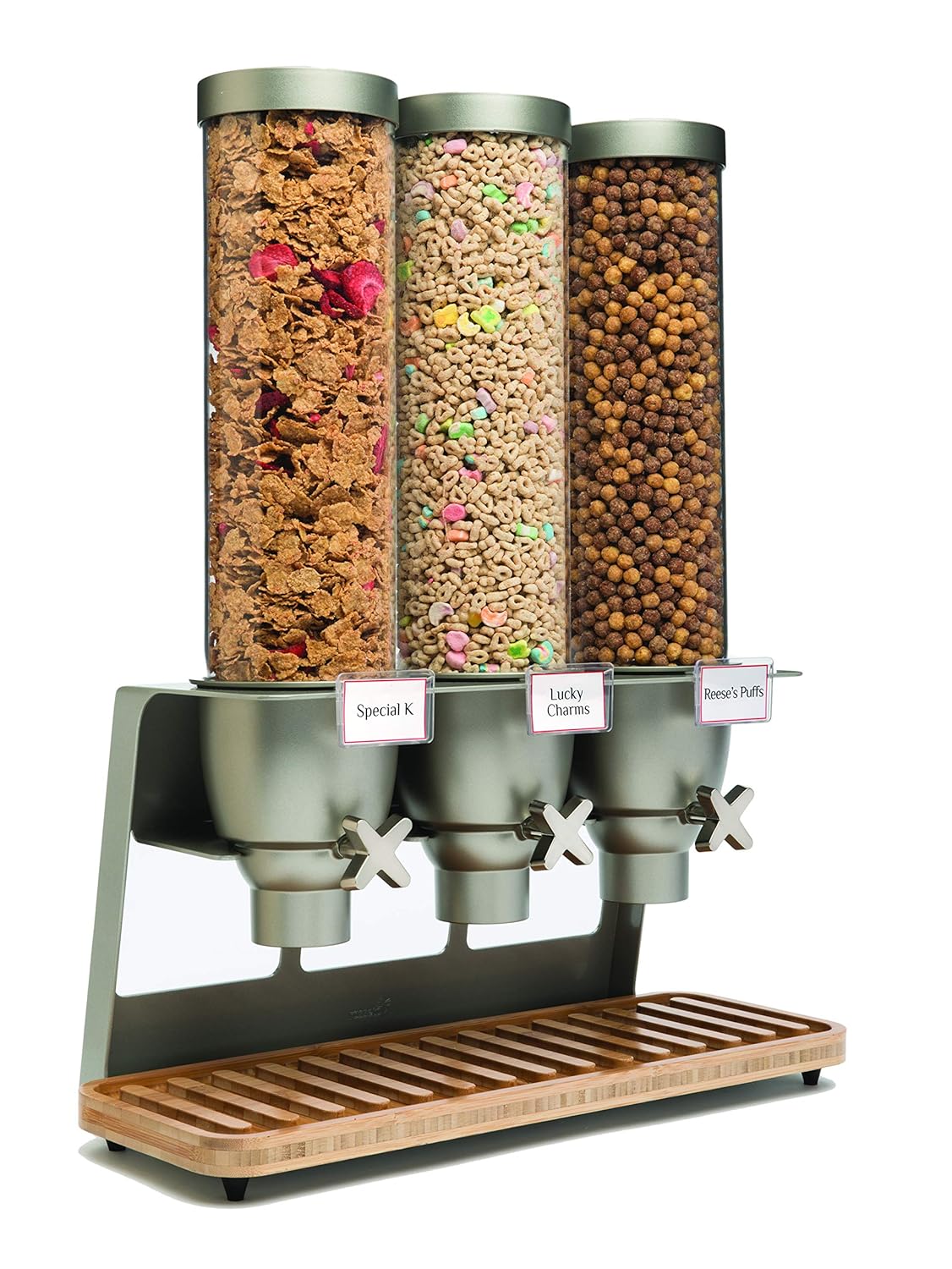 Rosseto EZ547 EZ-SERV Triple Container Table-Top Cereal Dispenser with Bamboo Tray, 3.9-Gallon Capacity, 9" Length x 21" Width x 26" Height: Industrial & Scientific