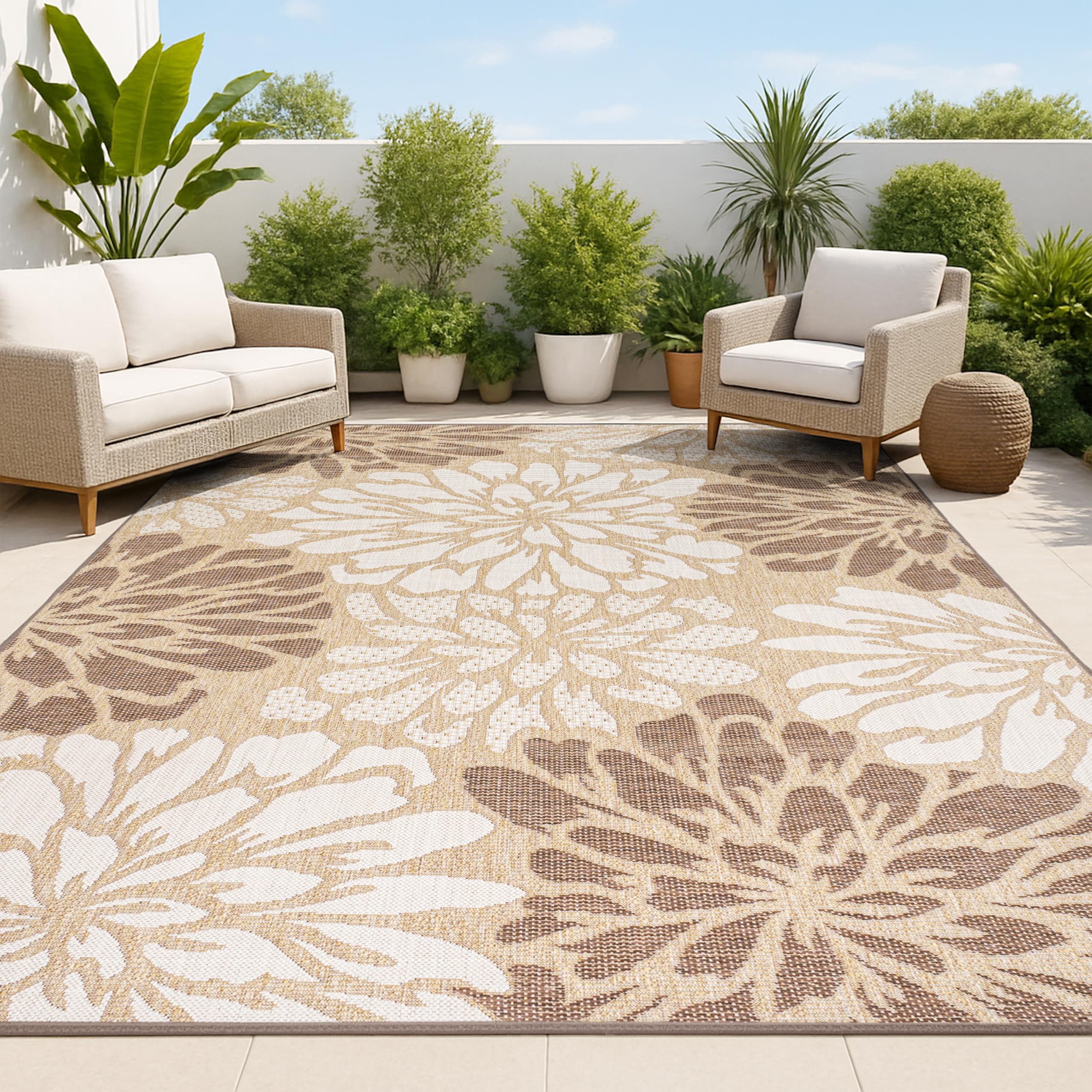 JONATHAN Y Floral Textured Weave Indoor Outdoor Area Rug 10X14 Brown/Cream, Zinnia Modern for Backyard, Patio, Porch, Easy-Cleaning, High Traffic, Pet-Friendly, Non-Shedding (SMB110I-14) Image JONATHAN Y Floral Textured Weave Indoor Outdoor Area Rug 10X14 Brown/Cream, Zinnia Modern for Backyard, Patio, Porch, Easy-Cleaning, High Traffic, Pet-Friendly, Non-Shedding (SMB110I-14) Image