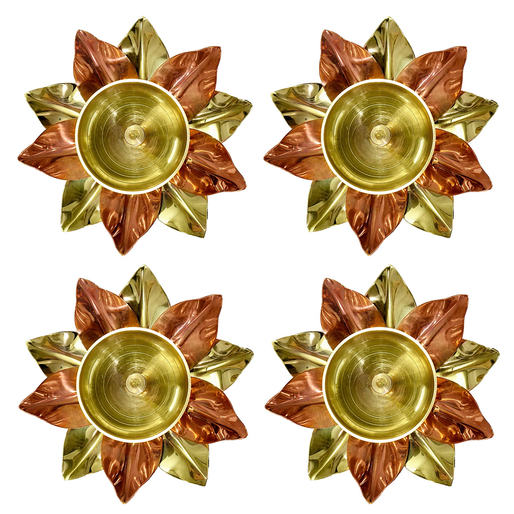 Craftsman Brass Copper Lotus Flower Petals Kamal Shape Metal Akand Diya for Traditional Indian Festive Diwali Deepawali Puja Pooja Dia Home Temple Decoration Oil Lamp Gift Items (Pack of 4)