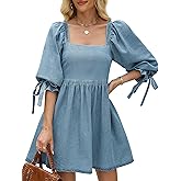 Denim Dress for Women Square Neck Jean Dress Puff Sleeve Babydoll Casual Denim Romper Outfit with Pockets