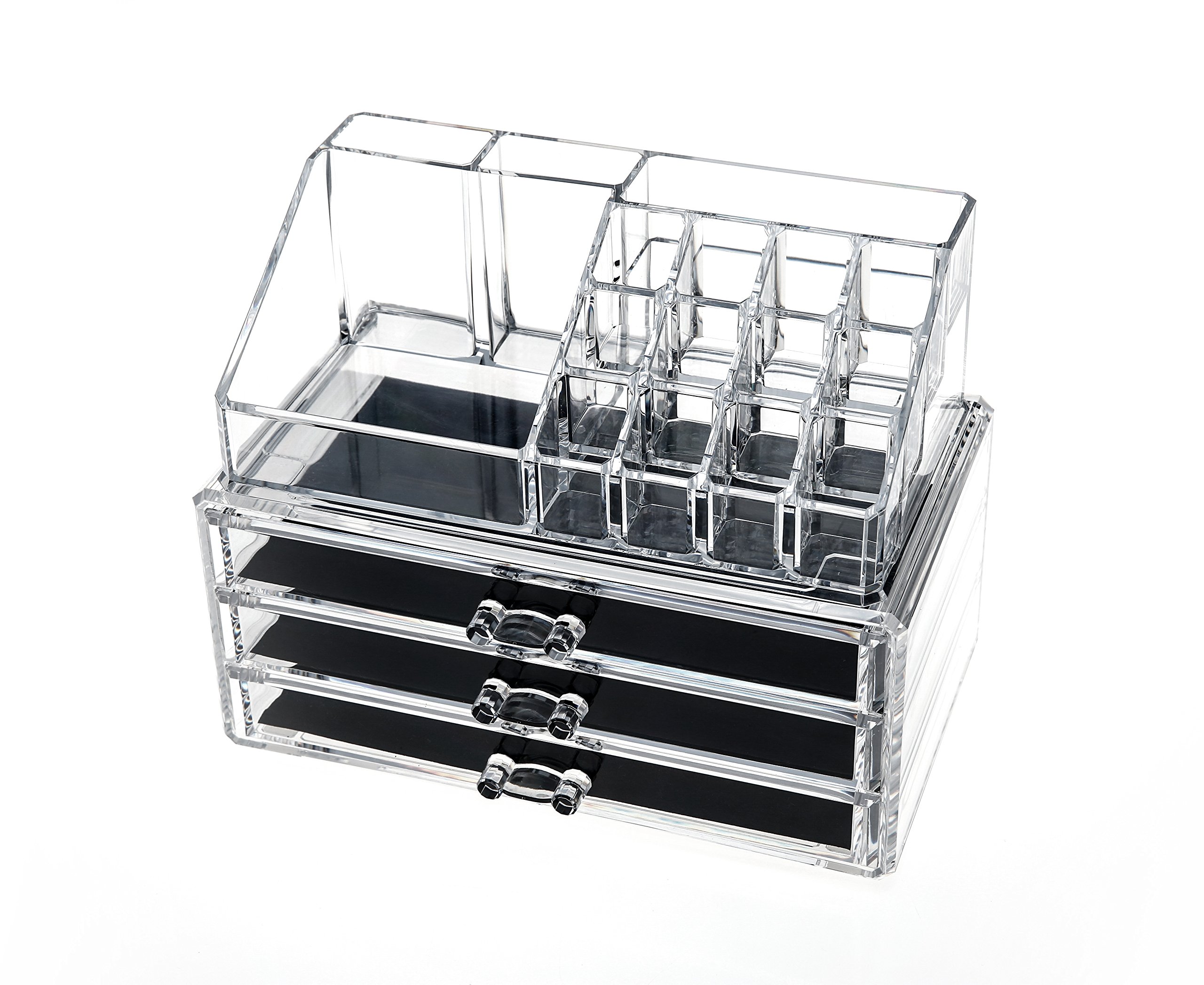 Clear Acrylic Cosmetic Storage Organizer, Boxes Makeup and Jewelry Organizer Large 3 Drawers with Removable Black Mesh Padding