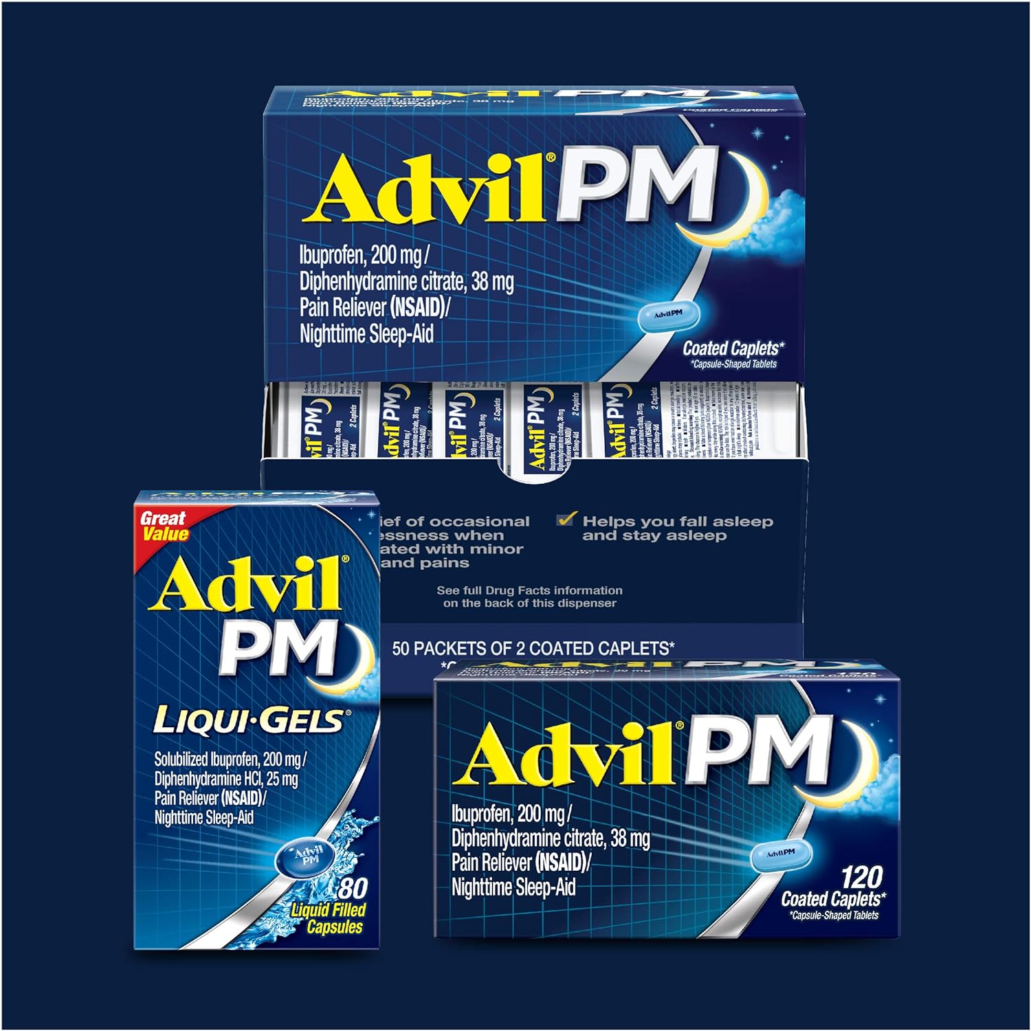 Advil PM (120 Count) Pain Reliever/Nighttime Sleep Aid Coated Caplet, 200mg Ibuprofen, 38mg Diphenhydramine: Health & Personal Care