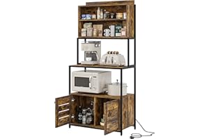 Furniouse 5-Tier Kitchen Bakers Rack with Power Outlet, Industrial Microwave Oven Stand with Shelves, Kitchen Utility Storage Shelf with Cabinet, Standing Kitchen Storage Rack, Rustic Brown