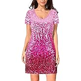 MANER Women's Sequin Glitter Short Sleeve Dress Sexy V Neck Mini Party Club Bodycon Dresses