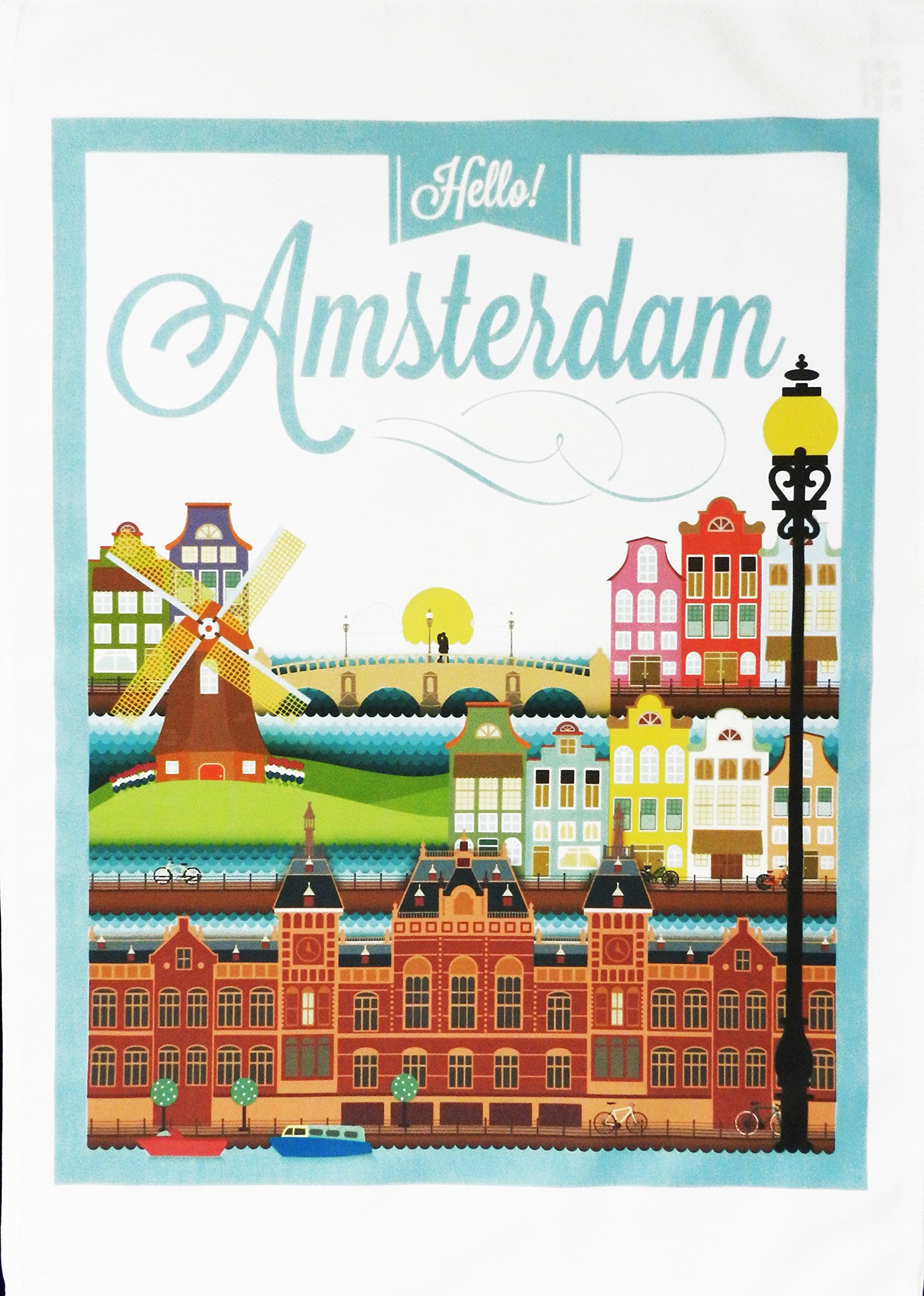 Half a Donkey Hello Amsterdam Vintage Style Travel Poster - Large Cotton Tea Towel