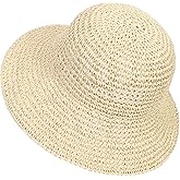 Womens Sun Hat Handmade Crochet Straw Bucket Hat Summer UV Protection Foldable Travel Cap UPF 50+