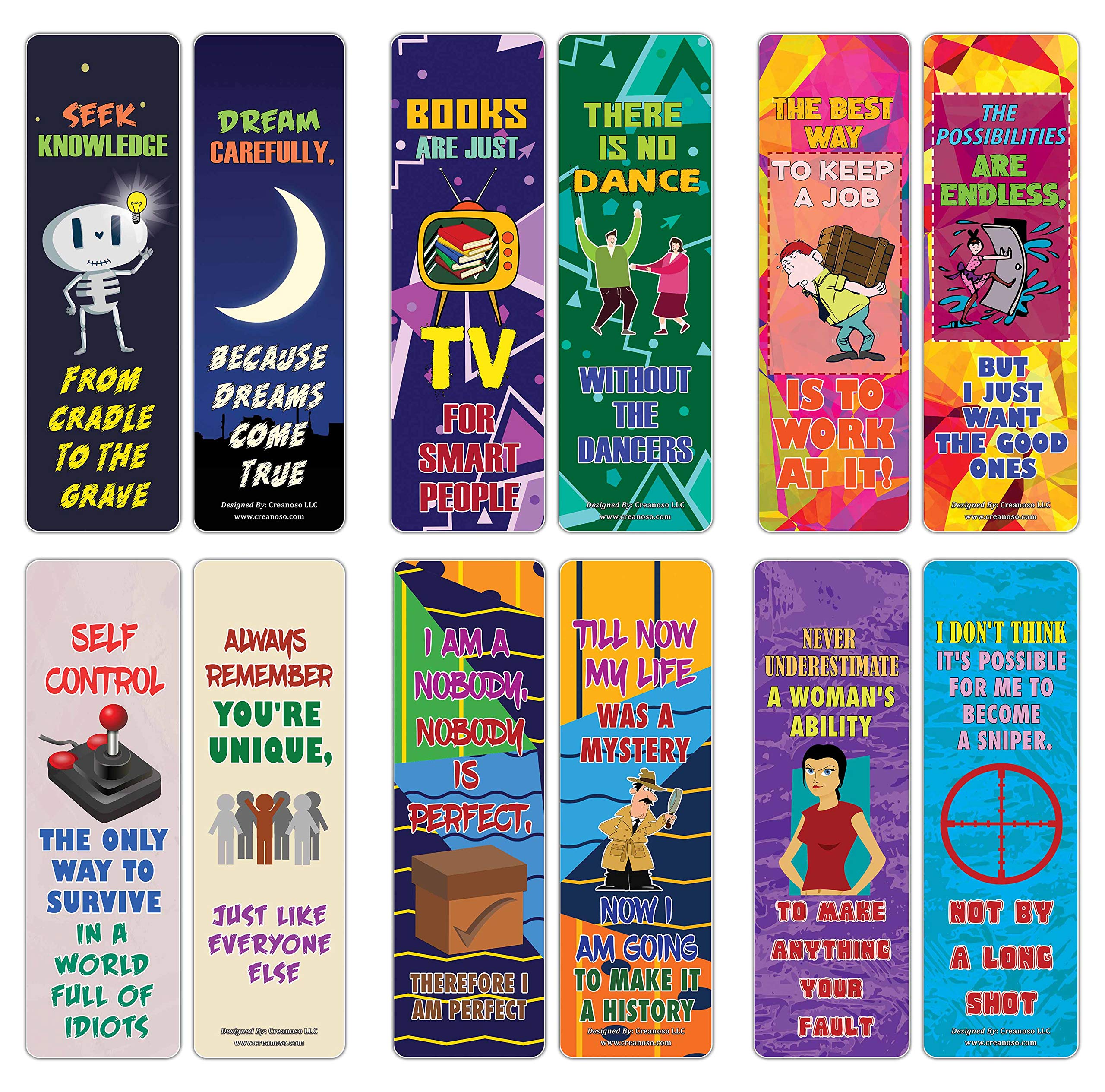 Creanoso Funny One Liners Jokes Motivational Bookmarks Series 2 (12-Pack) – Unique Stocking Stuffers Gifts for Men, Women, Unisex Adults – Cool Book Page Clippers Collection Set – Awesome Giveaways