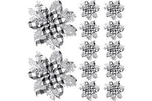 Canlierr 5.7 Inch Artificial Poinsettias Christmas Glitter Flowers with Clips Xmas Tree Flower Ornament Poinsettias Decor (Black and White Buffalo with Silver Petals,12 Pieces)