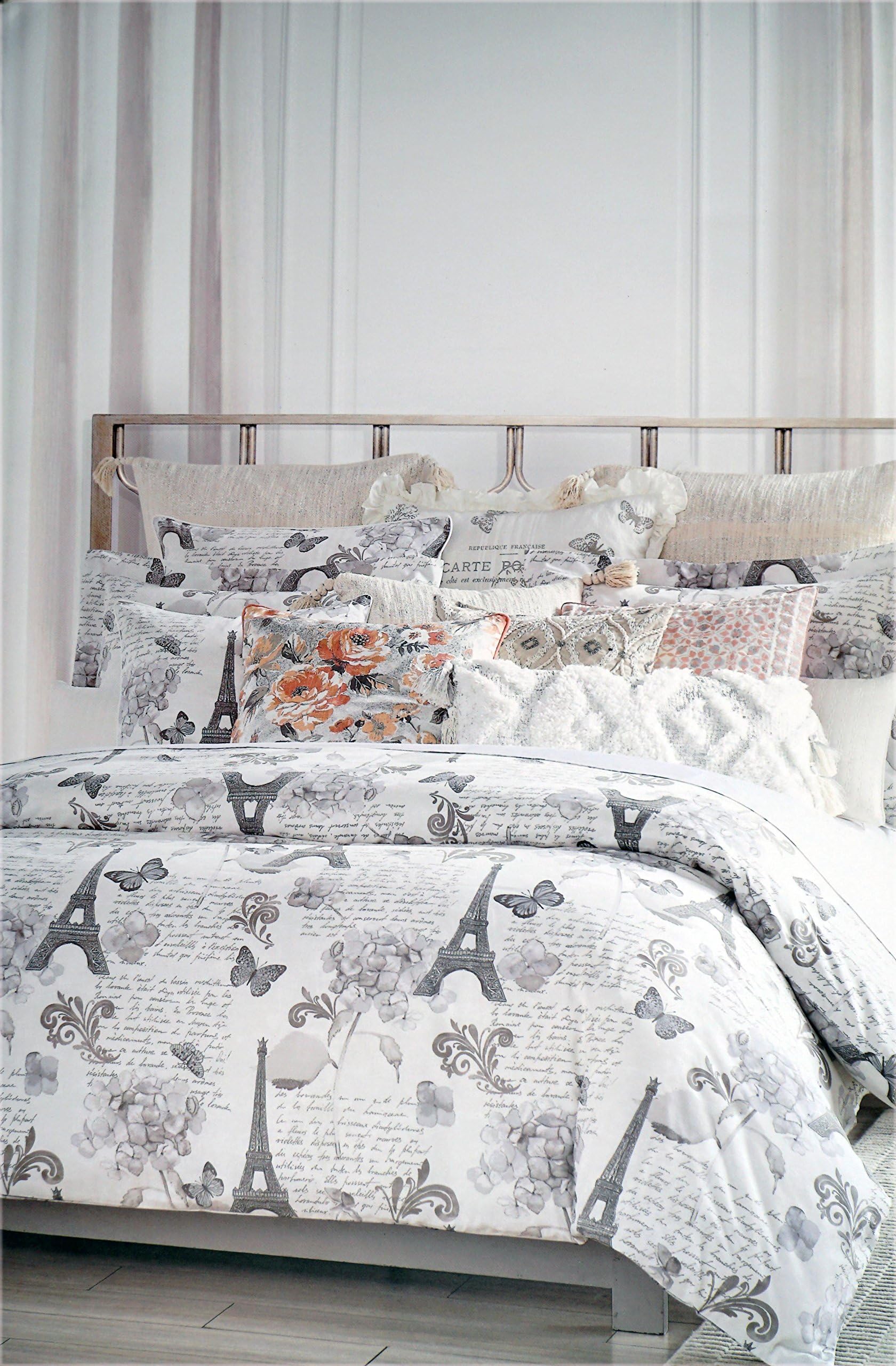Envogue Bedding 3 Piece Full / Queen Duvet Cover Set with Paris France Travel Theme Eiffel Tower Butterflies Fleur de Lis Shades of Gray and Cream