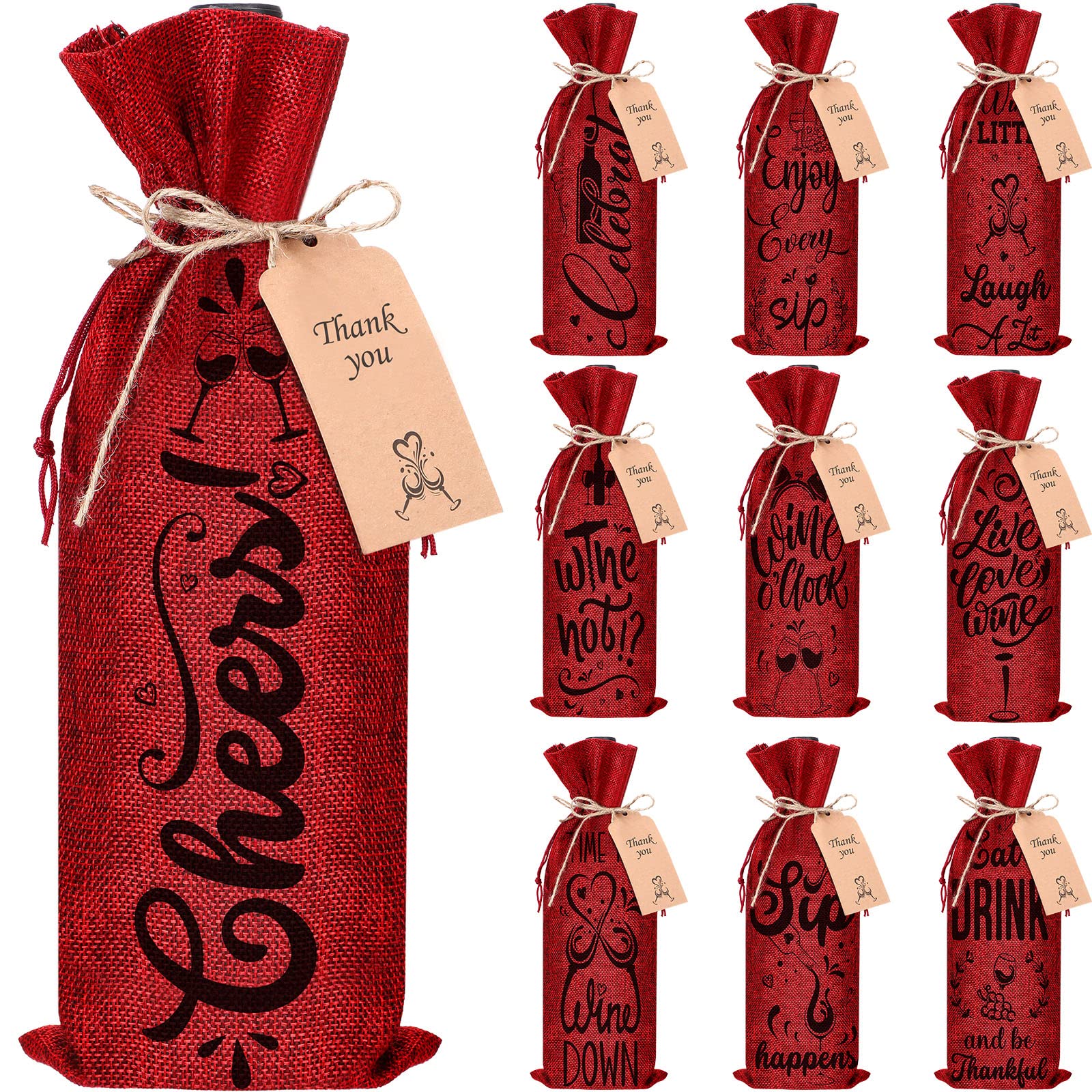 Linen Wine Gift Bags 10 Pieces - Cloth Wrapping Covers With Drawstring for Bottles - Valentine, Christmas, Wedding, Birthday Party Supplies (Wine Red)