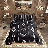 Bull Skull Comforter Set Queen Boho Bedding Ethnic Horns Bohemian Bedding Comforter Sets Black Brown Tribal Symbol Mysterious Aztec Bedroom Decor Abstract Geometric Duvet Insert for Men Boys