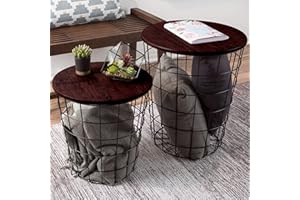 End Tables Set of 2 - Nesting Tables with Removable Wood Tops and Metal Wire Baskets for Blanket Storage - Round Side Furniture for Living Room, Bedroom, or Home Office by Lavish Home (Cherry/Black)