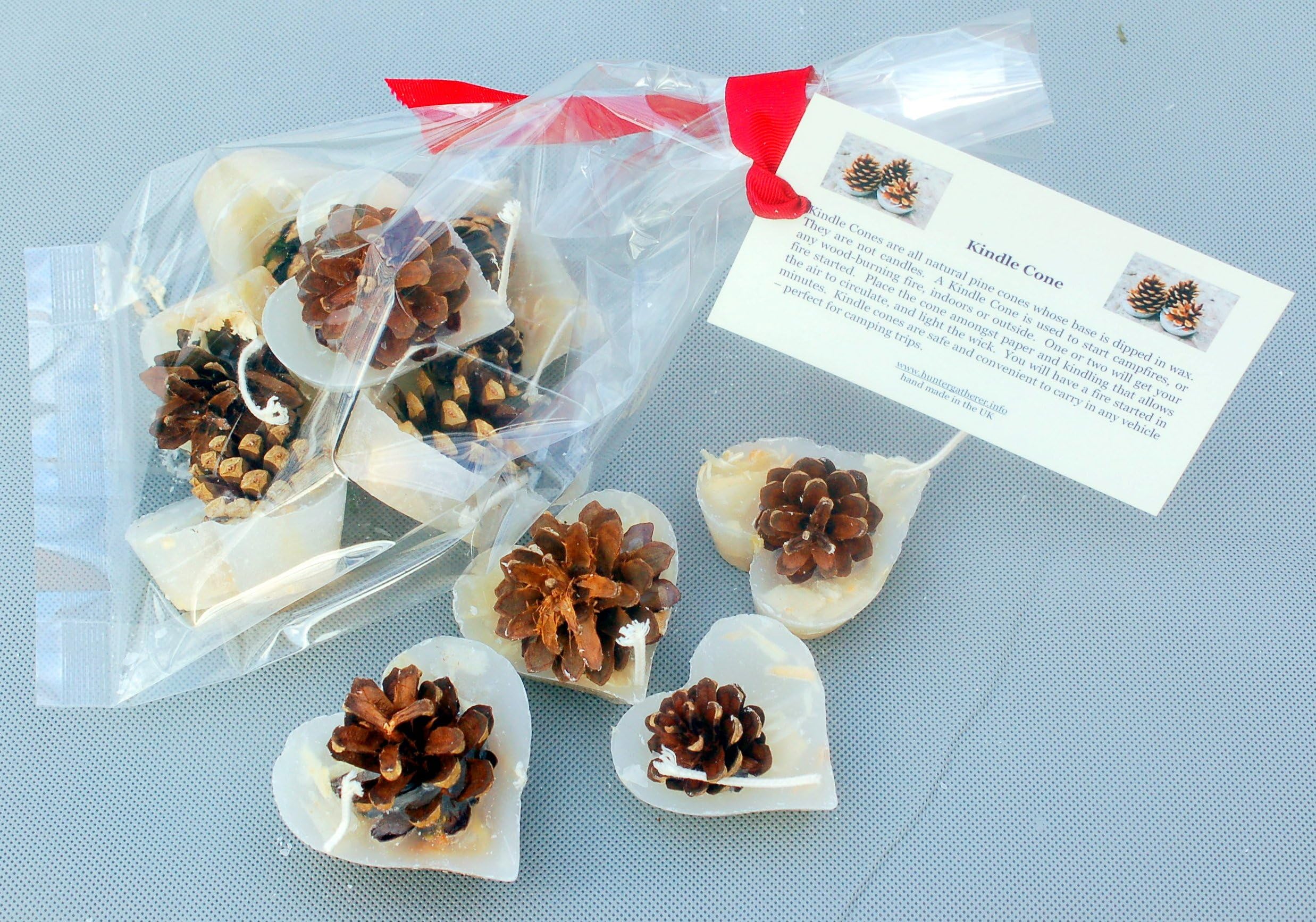 Heart Shaped Kindle Cone Firelighters With Delicate Fragrance of Cinnamon and Spices, Natural Pine Cones Set in a Bed Wax Infused with Cinnamon Oil. Set of 10. By Hunter Gatherer