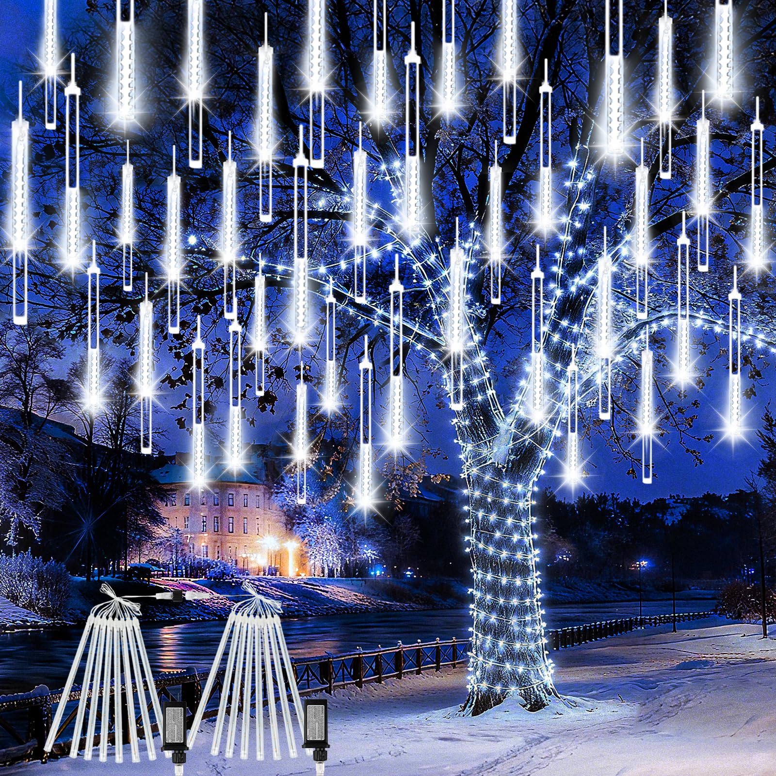 Photo 1 of 2-Pack Christmas Lights Outdoor, 16Tubes 384LEDs Extendable Meteor Shower Lights, Falling Rain Light Waterproof Plug in Tree Light for Christmas Backyard Garden Patio Xmas Decoration (Cool White)
