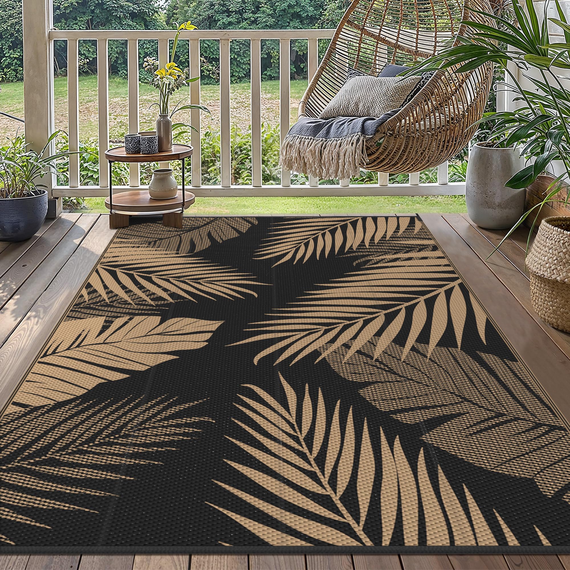 GENIMO Outdoor Rug 120x180cm – Waterproof Reversible Garden Rug, Washable UV Resistant Plastic Carpet for Patio, Balcony, RV, Picnic, Backyard – Black & Brown