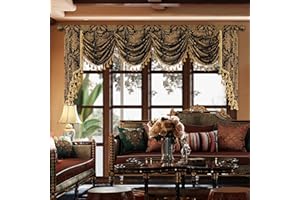 Loom and Mill Luxury Waterfall Valance for Living Room, Classic Damask Jacquard Swag Valances with Tassels, Black Swag Curtains for Bedroom Window Banquet Halloween Decor, Rod Pocket(W110Inch,1 Panel)