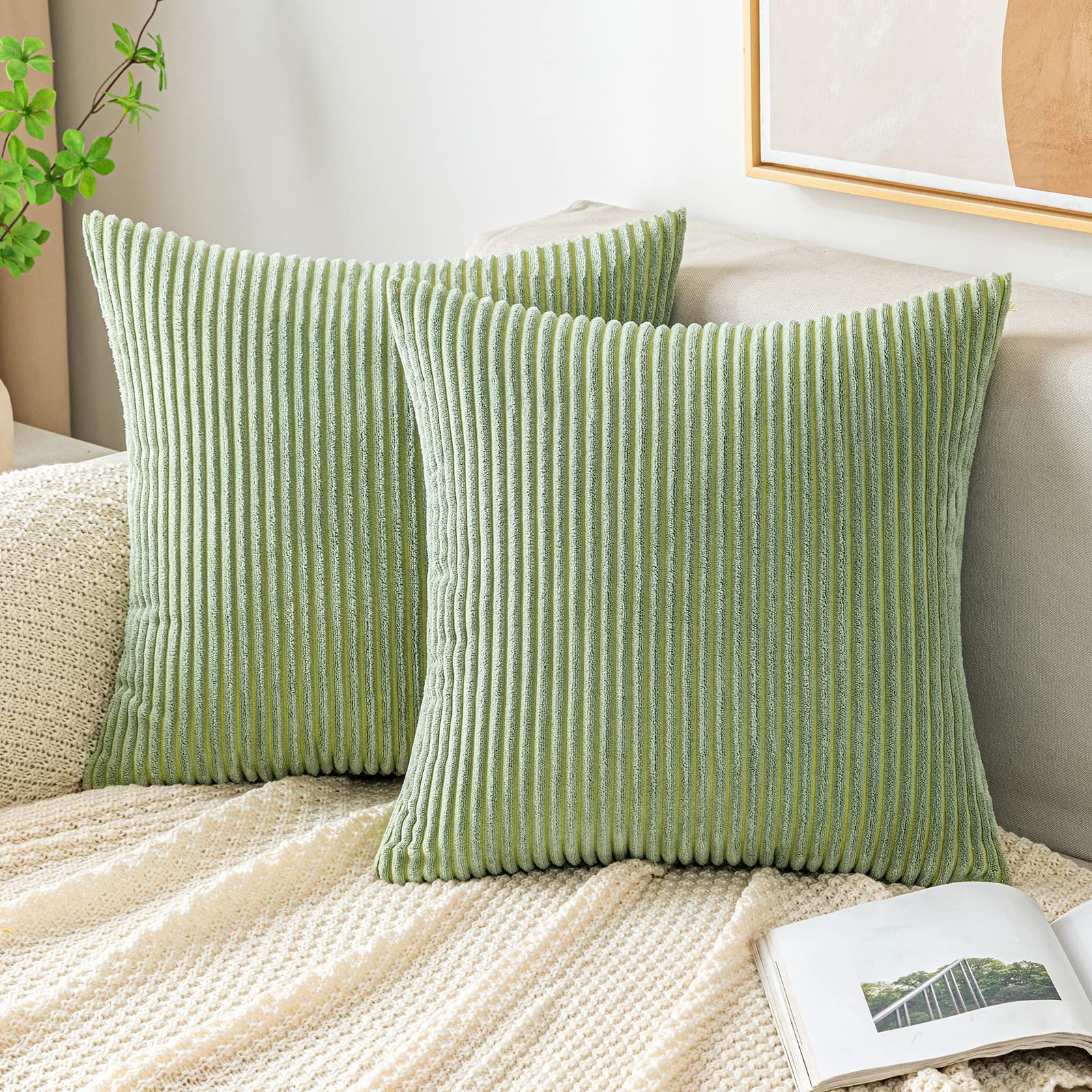 EMEMA Cushion Covers Corduroy Square Throw Pillow Covers Striped Soft Sham Home for Sofa Couch Bedroom Decorative Pillowcases 18x18 Inch 45x45cm Set of 2 Bean-green