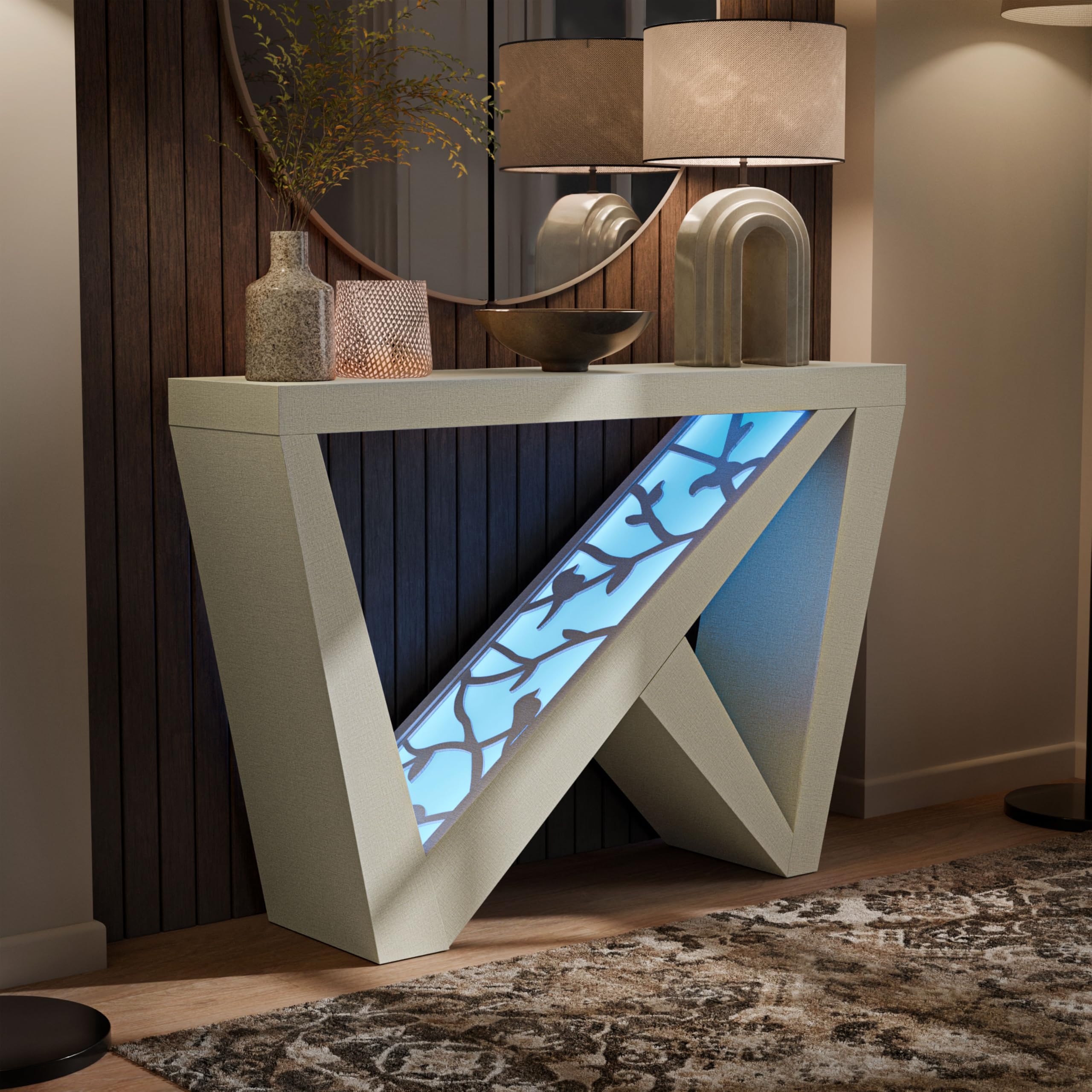 Photo 1 of ***PARTS ONLY AS IS DAMAGED AND MISSING CONNECTOR***HOMES: Inside + Out Naomi Modern Decorative Accent LED Console Table with W-Shaped Legs and Remote, Wood Entryway Furniture for Living Room, Hallway, Entrance, Small Spaces, Cream Weave