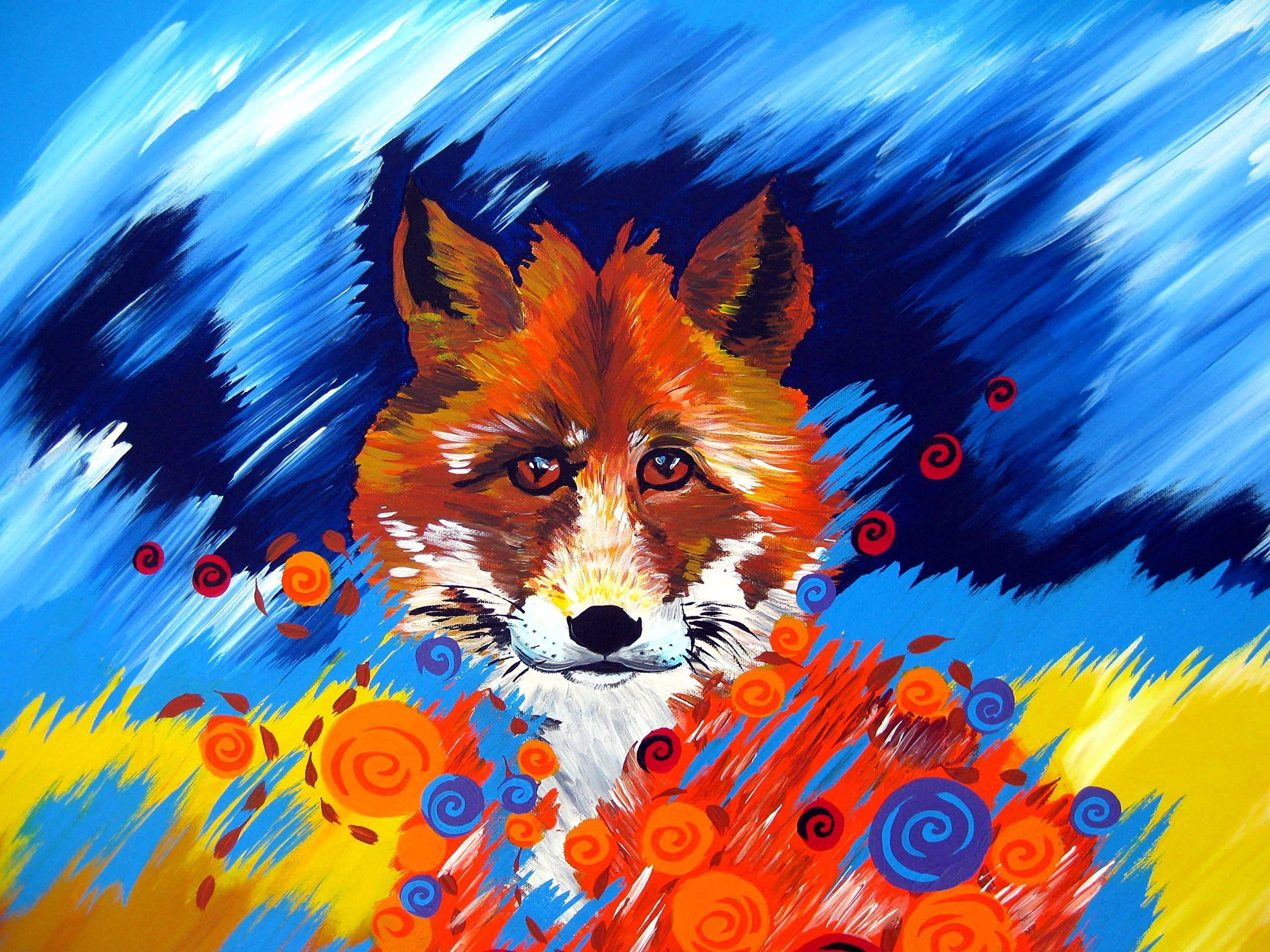 Painting of a fox, fox, foxes, animal painting, large painting, birthday present, fox gift, fox presents, fox paintings, paintings of foxes, fox art, bright art, happy art, animal art