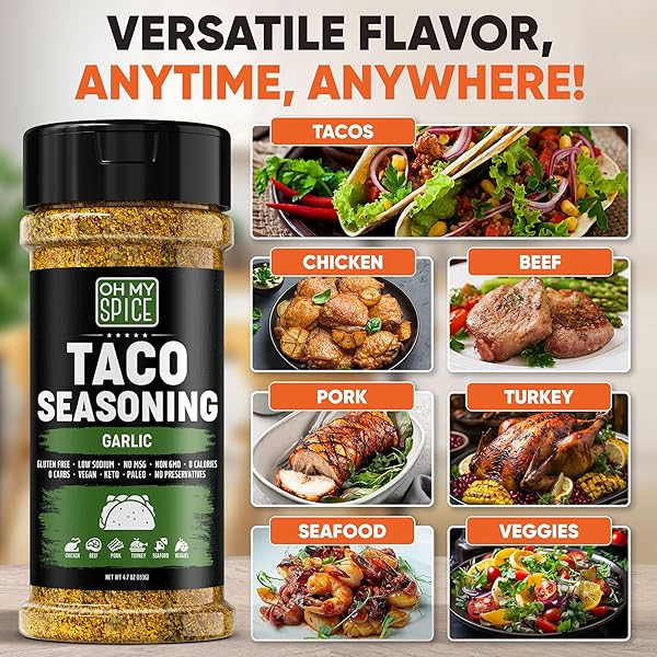 TACO SEASONING MIX GARLIC POWDER – GLUTEN FREE & LOW SODIUM MEXICAN SEASONING BLEND FOR TACO TUESDAY NIGHT. GARLIC AND HERB SEASONINGS FOR FAJITA & BURRITO. MEAT, CHICKEN & FISH TACOS TOPPINGS. 4.7OZ