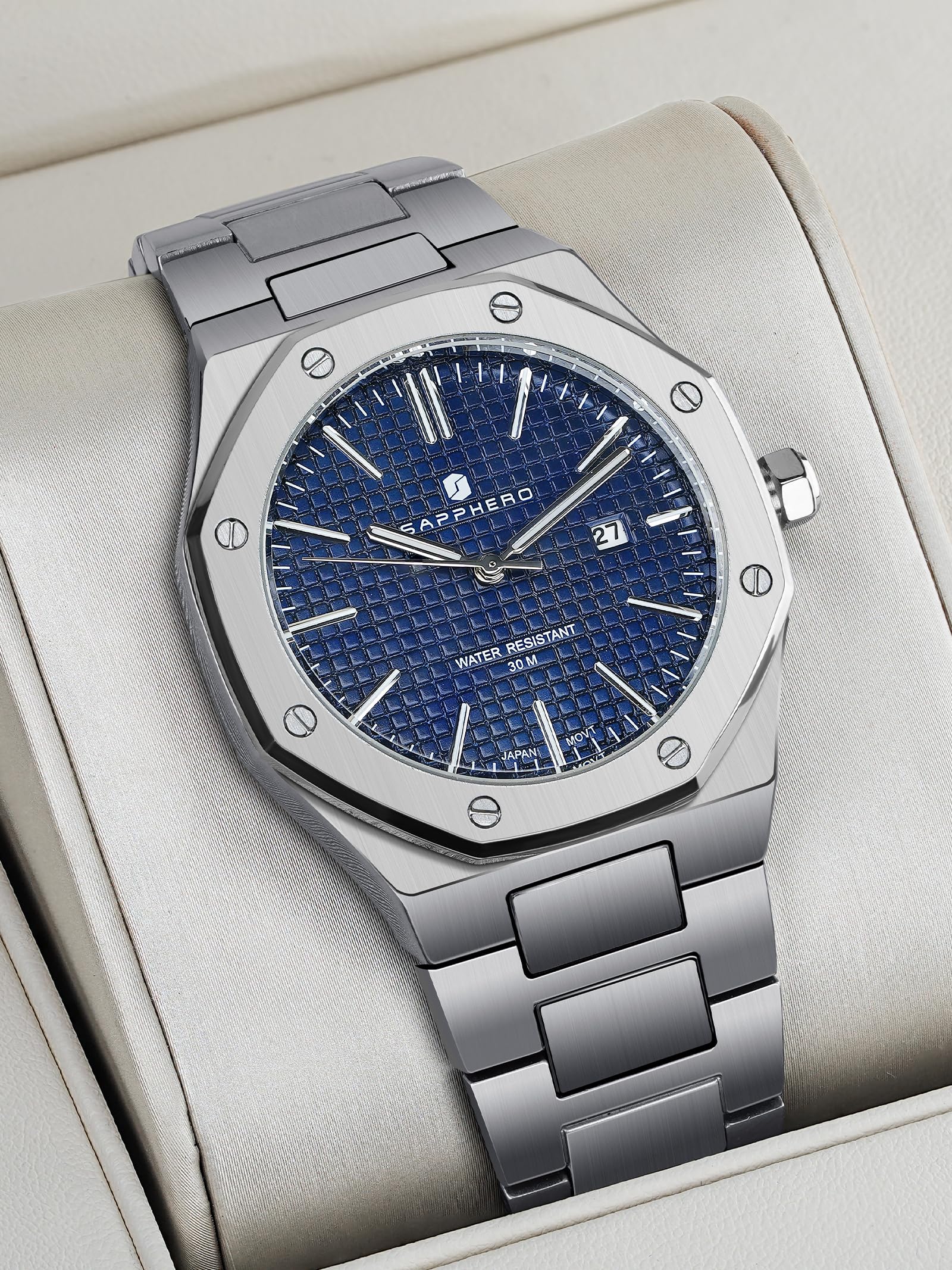 SAPPHERO Watches Men's 30M Waterproof Watch Men's Stainless Steel Octagonal Men's Watch Silver Quartz Japanese Movements Business Casual Luminous Watch with Date