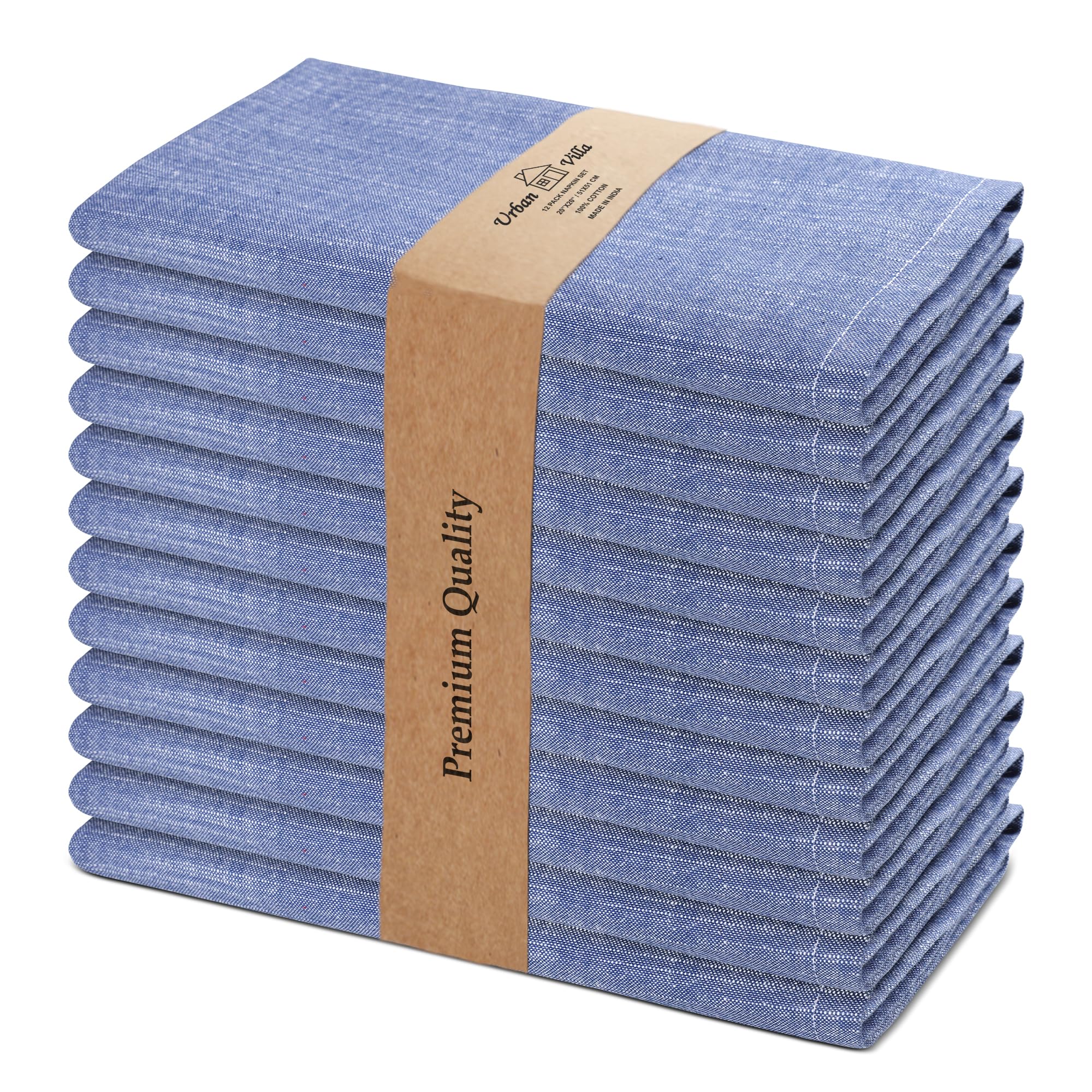 Photo 1 of Urban Villa Cloth Napkins 100% Cotton Slub Absorbent Dinner Napkins (Set of 12) Oversized 20x20 Inches Blue White Chambray Soft Durable Reusable Washable Ideal for Everyday Use Premium Quality