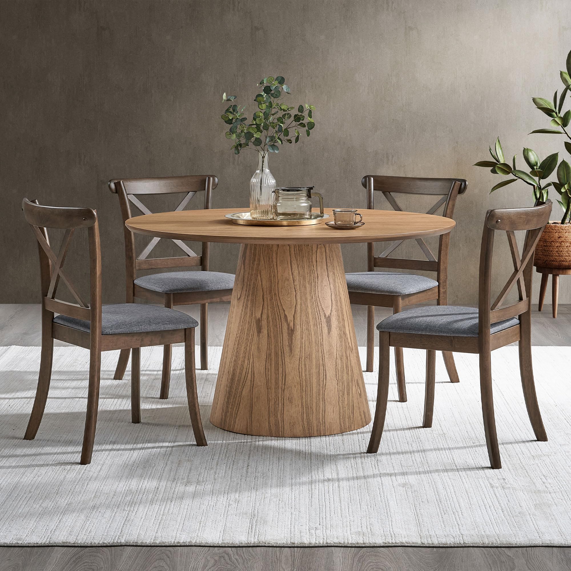 Photo 1 of [Just the table base] Round Dining Room Table for 4-6, 47'' Modern Farmhouse Kitchen Table with Round Pedestal, for Kitchen, Living Room, Cafe,Small Spaces, Apartment Natural Wood