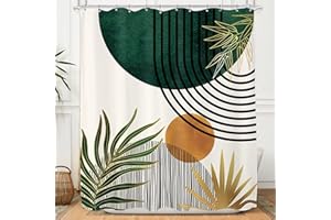 KOMLLEX Mid Century Green Boho Shower Curtain, Abstract Modern Shower Curtains for Bathroom, Plant Botanical Minimalist Leaf Arch Sun Fabric Liner Waterproof Polyester 12 Pack Hooks 60Wx72L Inches