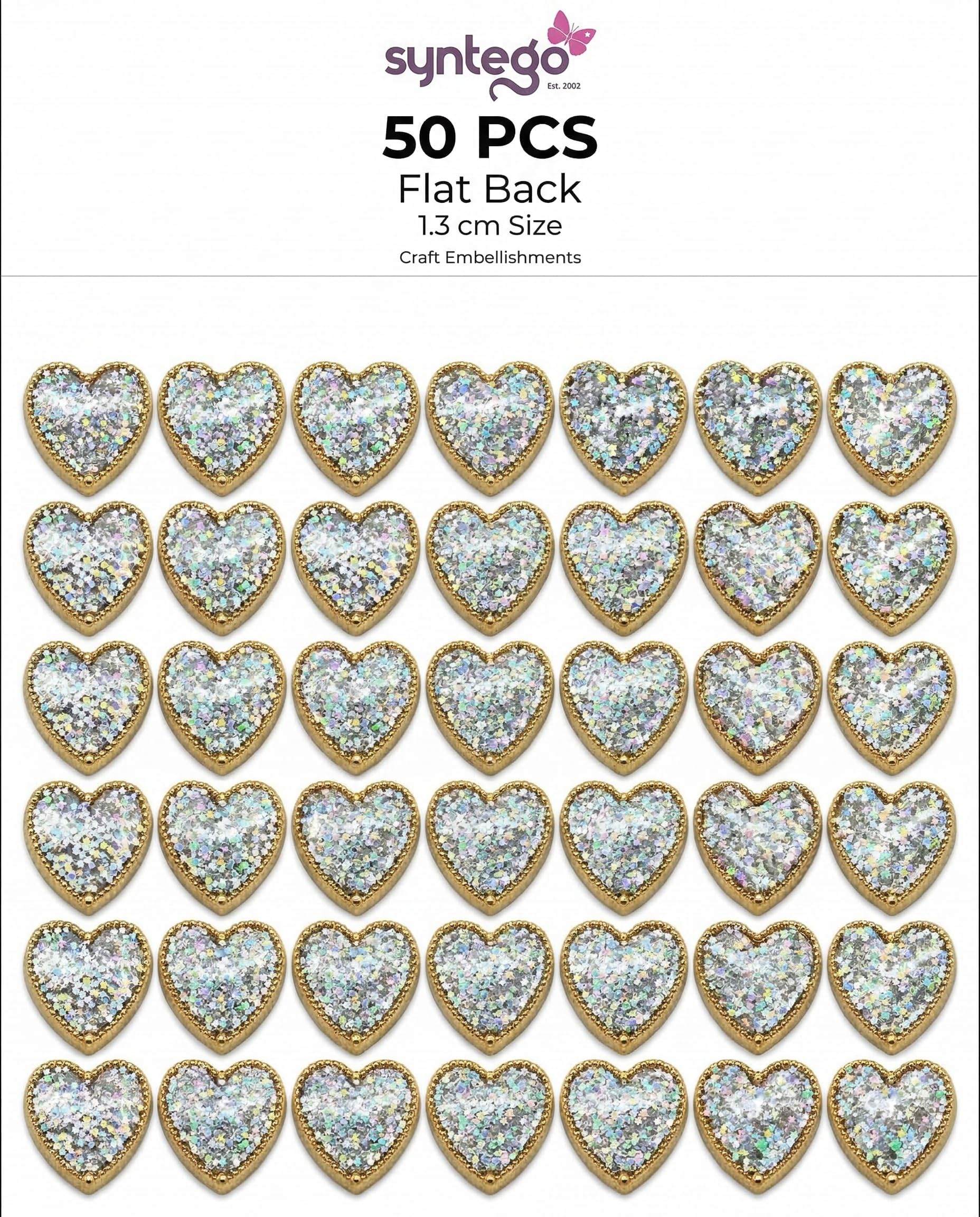 Gold Resin Heart Cabochons 50pcs – Flat Back Glitter Embellishments 1.3cm – Iridescent Sparkle for Scrapbooking, Card Making & Craft Projects (50pcs Hearts)