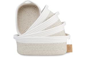 NaturalCozy 5-Piece Rectangle Storage Basket Set- Natural Cotton Rope Woven Baskets for Organizing! Small Basket for Montessori, Baby Nursery, Dog Toy Baskets, Cat Toy Box, Bathroom Organization Bin