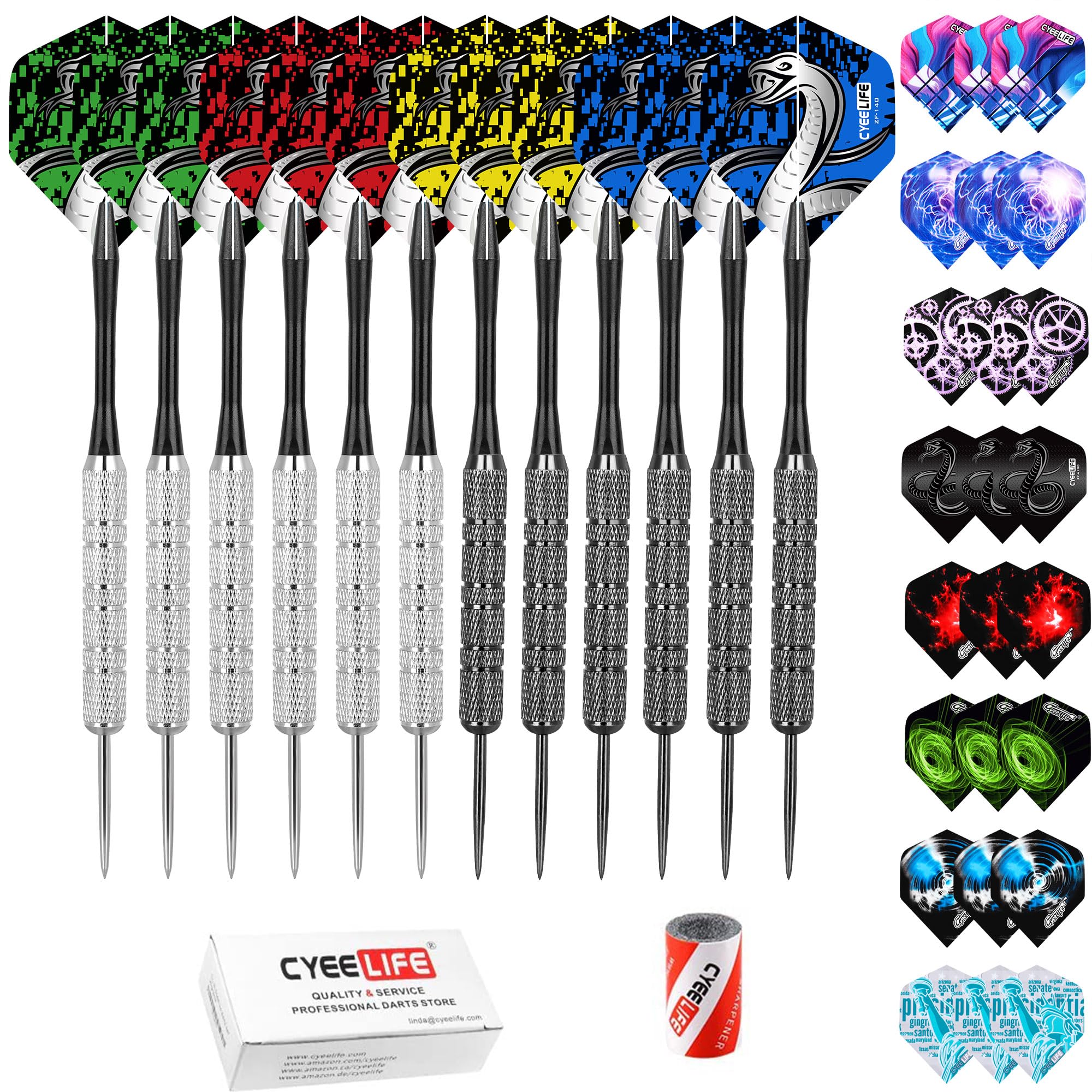 CyeeLife Steel tip Darts 20g,Nylon Shafts+36 Flights(14 Designs)+Sharpener,for 4 Beginners — image 1