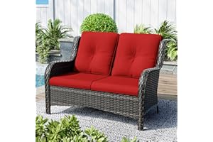 Gardenbee Patio Loveseat 2-Seat Wicker Sofa Outdoors - Deep Seating and Soft Cushions, for Porch Deck Balcony, Hand-Woven Mixed Rattan, Red