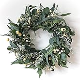 HomeKaren Wreaths for Front Door 22 Inch, All Season Greenery Wreath Olive Eucalyptus Leaves and White Mixed Berry for Indoor Outdoor Farmhouse Home Porch Wall Window Festival Wedding Decor