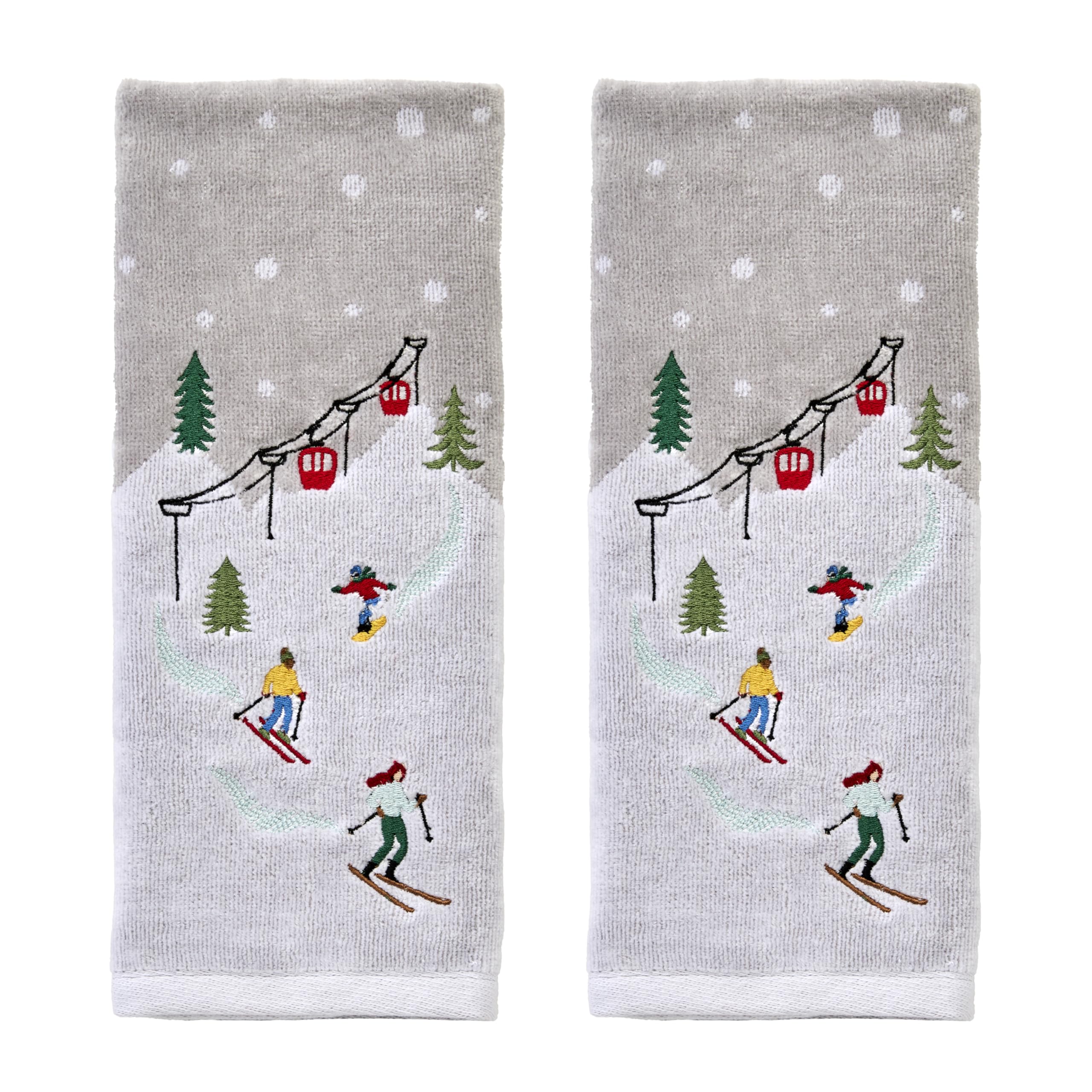 SKL Home Christmas/Winter Mini Skiing 100% Cotton Embroidered 2pc Hand Towel Set, Decorative Jacquard for Bath/Kitchen/Bar, Multi Image