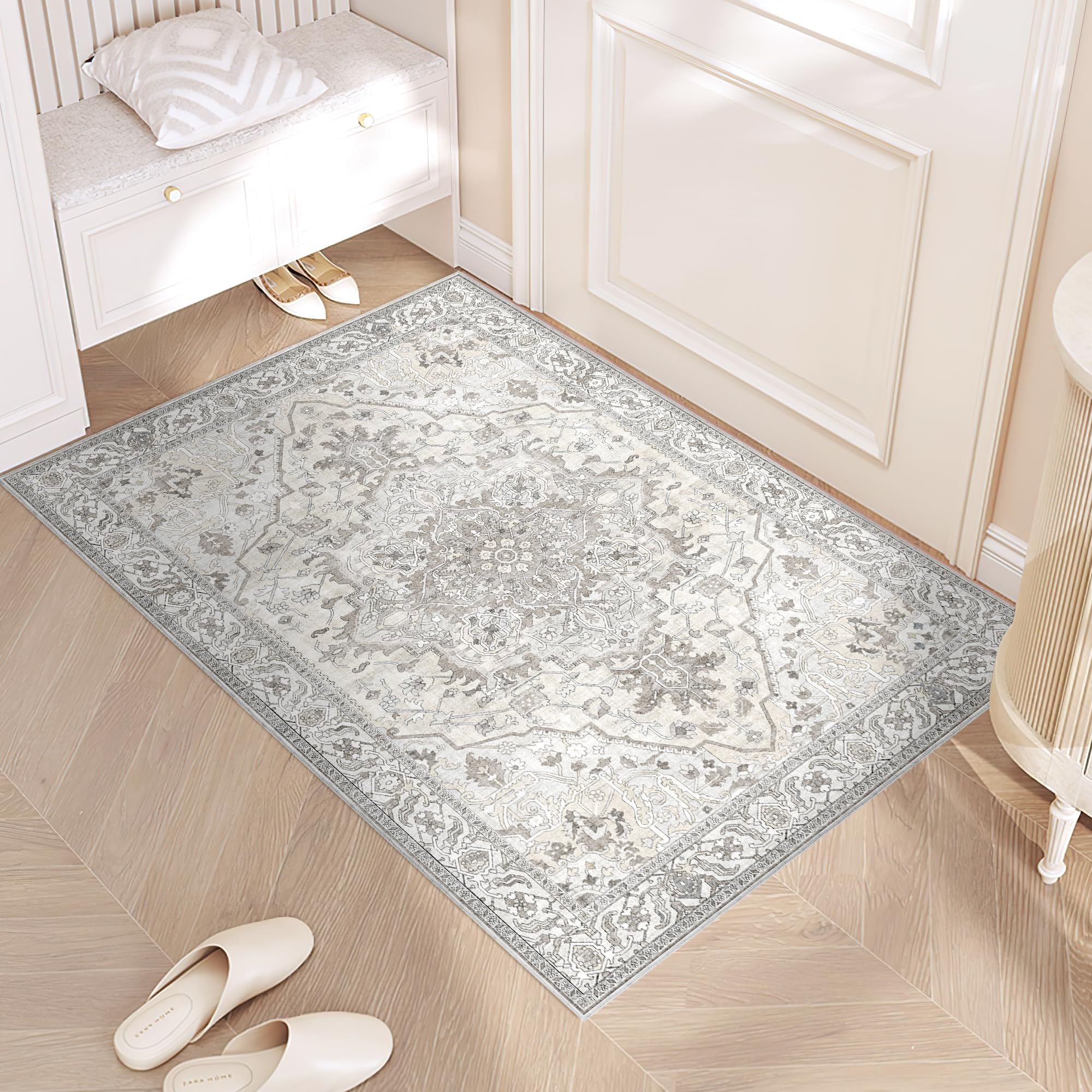 Photo 1 of 2x3 Small Entryway Doormat 2x3 Front Door Rug Indoor Entrance Kitchen Bathroom Carpet Farmhouse Non Slip Washable Low Pile Floor Carpet, Beige/Multi