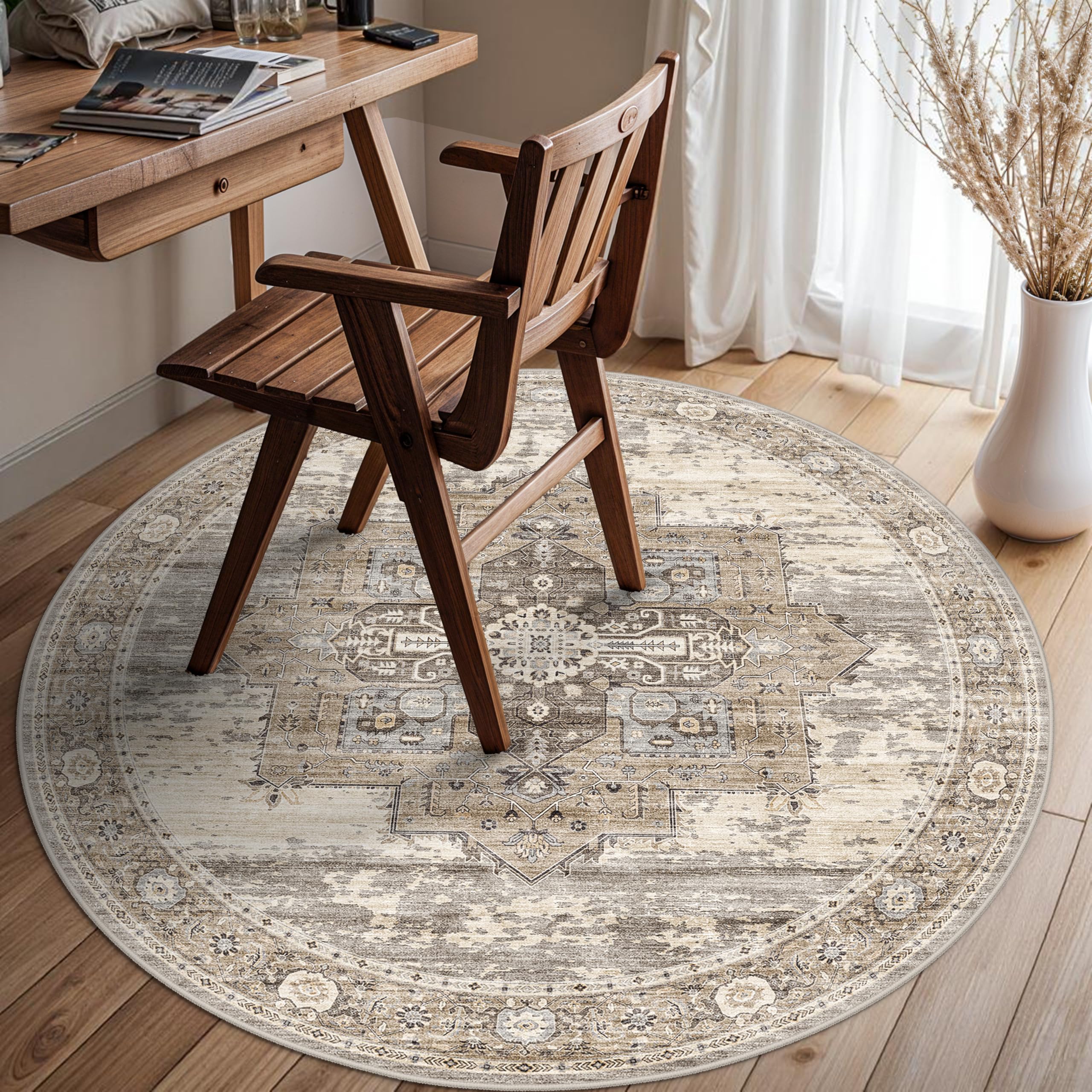 Living Room 4round Area Rugs - Boho Rugs for Living Room Stain Resistant Carpet Vintage Tribal Rugs for Bedroom Kitchen Bathroom with Non Slip Backing Home Decor Floor Decoration Mat 4ft Beige Image