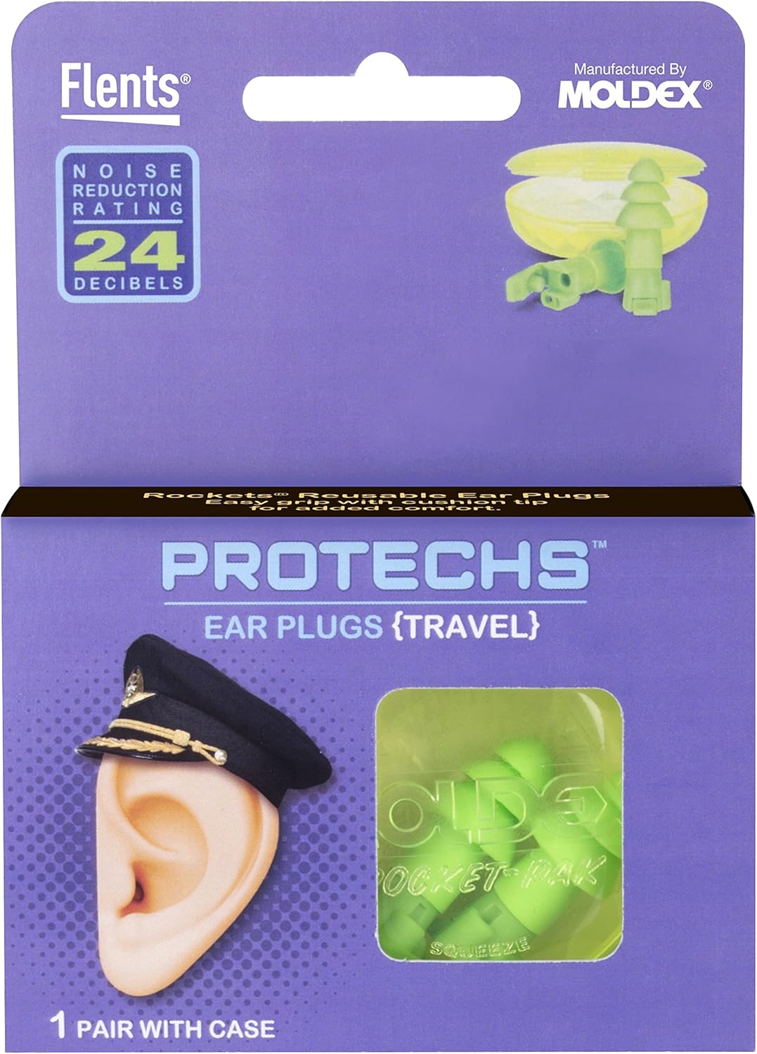 Flents Protechs Travel Ear Plugs/Earplugs | 1 Pair | Case included | NRR 24 | Made in The USA