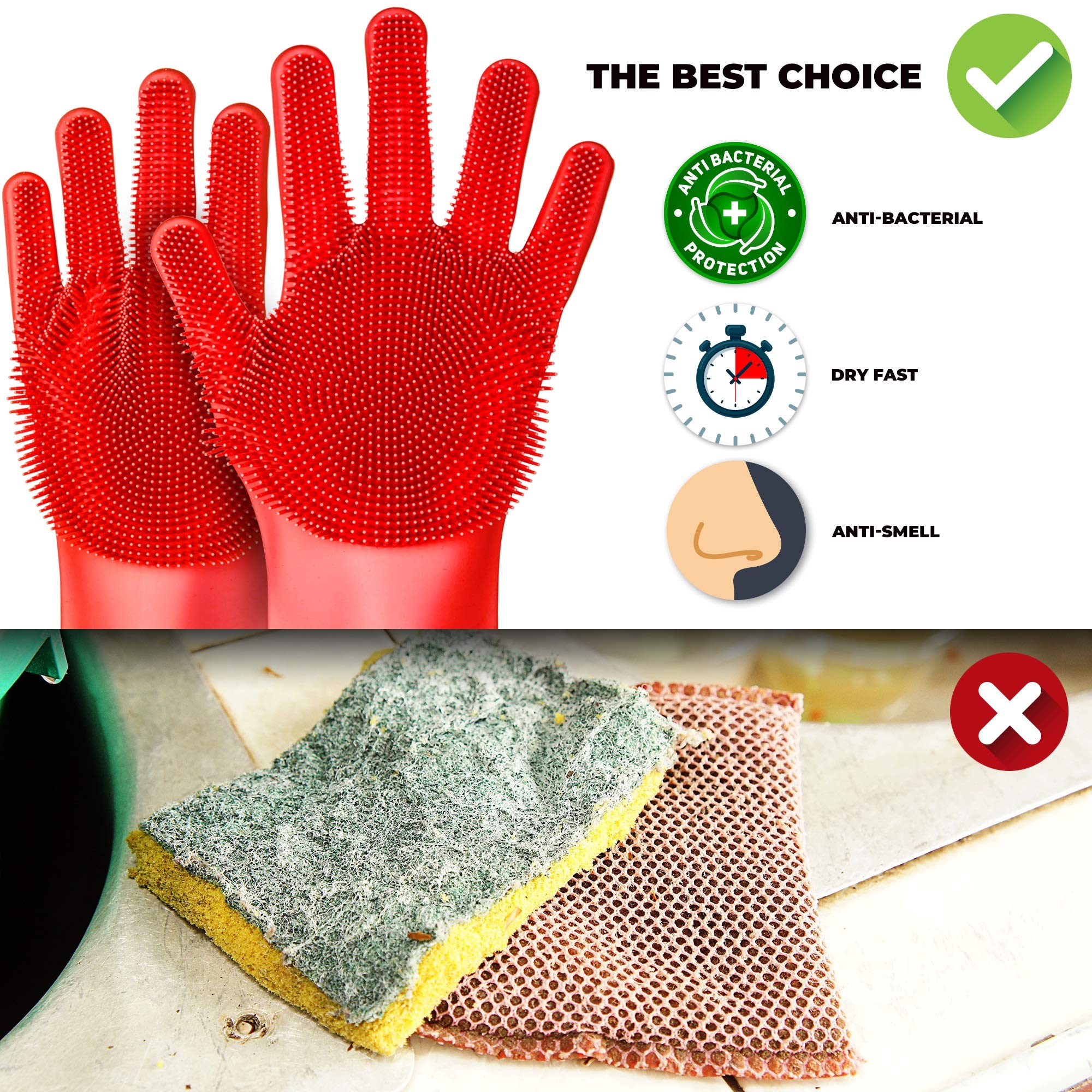 Magic SakSak Silicone Reusable Dishwashing Gloves | Pair Of Rubber Scrubbing Gloves For Dishes | Wash Cleaning Gloves With Sponge Scrubbers For Washing Kitchen, Bathroom, Car and More