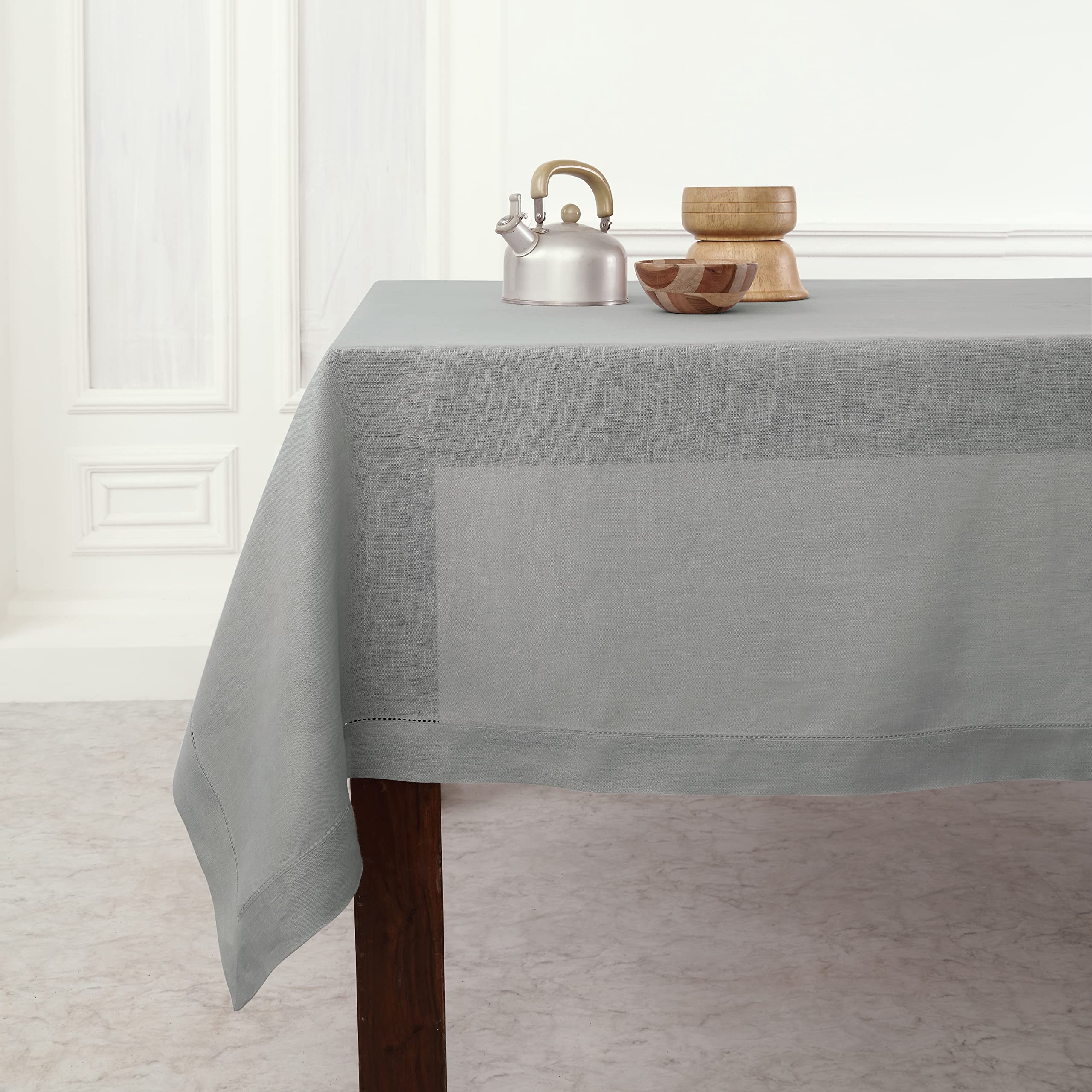 Solino Home Linen Tablecloth 60 x 108 Inch - Classic Hemstitch 100% Pure Linen Soft Grey Table Cloth for Rectangle Tables - Machine Washable Tablecloth for Summer
