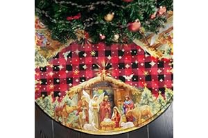 HEIFAM Double Sided Buffalo Plaid Nativity Christmas Tree Skirt, 36 Inch Red Tree Skirt, Jesus Nativity Holy Night Soft Farmhouse Holiday Xmas Trees Decoration, Nativity Christmas Blue Tree Skirt