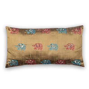Buy Elephant Embroidery Raw Silk Pillow Cover In Hazel8x16 Inches