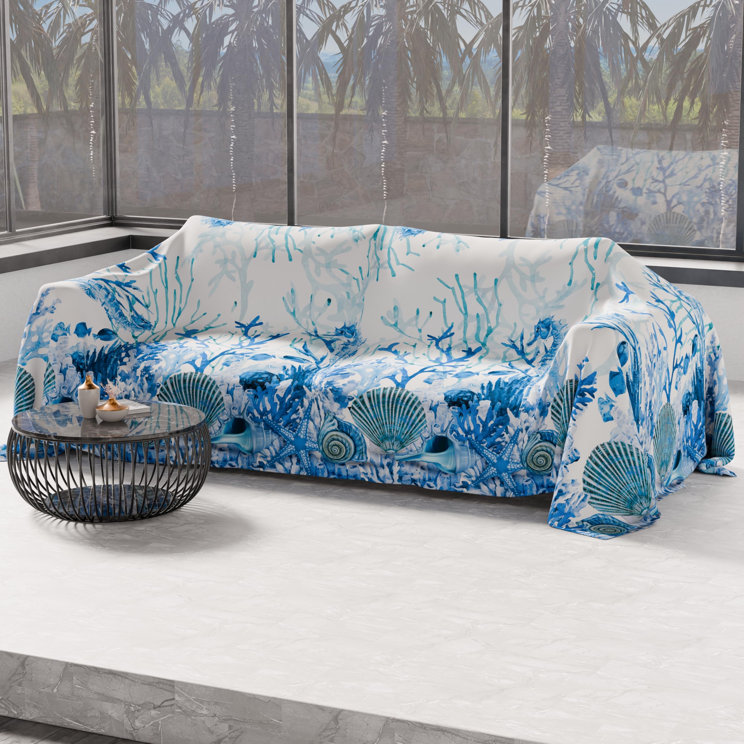 PETTI Artigiani Italiani - Microfibre Sofa Cover 260 x 270 cm, Coral Blue Pattern | Multipurpose for Sofas, Bedspreads and Table Covers | Washable Protective Cover