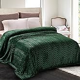 Whale Flotilla Flannel Fleece Twin Size Bed Blanket, Twin XL Lightweight Breathable Soft Bedspread Plush Fluffy Coverlet Chevron Design Decorative Blanket for All Season, 90x66 Inch, Emerald Green