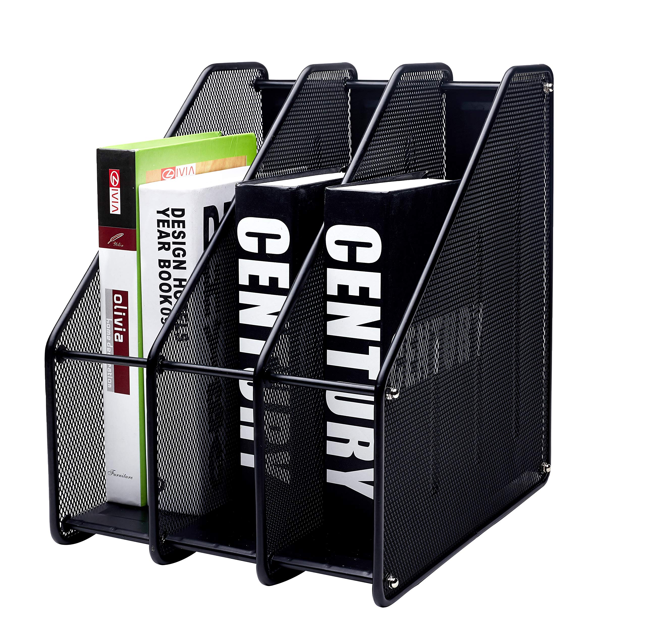 Exerz Magazine Holder Triple Rack, Mesh Metal - 3 Compartments Vertical - Documents/ Notebooks/ Folder/ Organiser(Black)