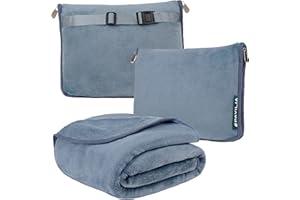 PAVILIA Travel Blanket Pillow, Soft Airplane Blanket 2-IN-1 Combo Set, Plane Blanket Compact Packable, Flight Essentials Car Pillow, Travelers Gift Accessories Luggage Backpack Strap, 60x43 Slate Blue